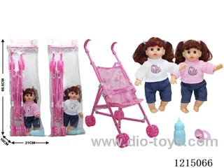 12 inch cotton filled doll with music IC+ stroller, bottle, pacifier. Two colors.