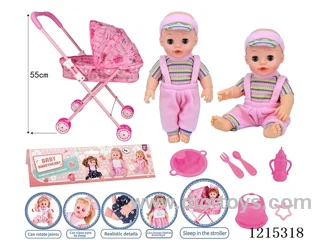 14inch Full Vinyl Doll+Accessories(Pushchair with iron bars, plates, forks, spoons, bibs, bottles, pacifiers)