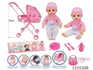 14inch Full Vinyl Doll+Accessories(Pushchair with iron bars, plates, forks, spoons, bibs, bottles, pacifiers)