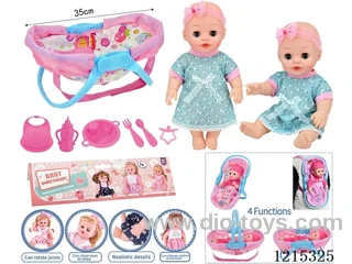 14inch Full Vinyl Doll+Accessories(Multifunctional Cradle, Plate, Fork, Spoon, Bib, Bottle, Pacifier)