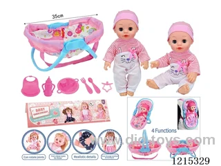 14inch Full Vinyl Doll+Accessories(Multifunctional Cradle, Plate, Fork, Spoon, Bib, Bottle, Pacifier)