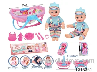 14inch Full Vinyl Doll+Accessories(Multifunctional Cradle, Plate, Fork, Spoon, Bib, Bottle, Pacifier)