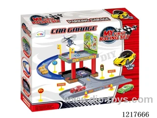 <Alloy> track parking lot with 1 plastic airplane + 1 car (free wheel)