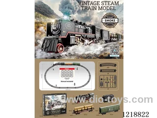 Vintage steam train model (1 car + 1 coal car + 1 freight car + 1 wooden car + 12 curved rails + 4 straight rails + 48 locks + 2 traffic lights)