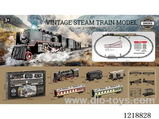 Vintage Steam Train Model (1 car + 1 coal car + 1 dining car + 2 passenger light cars + 16 curved rails + 6 straight rails + 2 split rails + 60 locks + 2 traffic lights + 1 bridge)