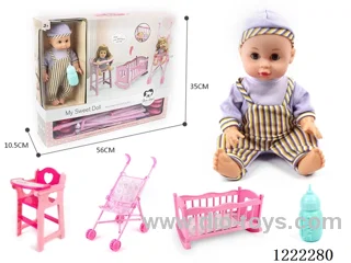 14 inch doll set 3-in-1 set (crib + Chair + Stroller) with 12 IC + Drinking/ peeing included 3*AG13