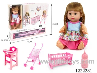 14 inch Doll Set 3-in-1 Set (Crib + Chair + Stroller) with 12 IC + Drinking/ peeing included 3*AG13
