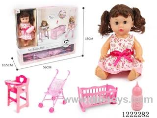 14 inch Doll Set 3-in-1 Set (Crib + Chair + Stroller) with 12 IC + Drinking/ peeing included 3*AG13