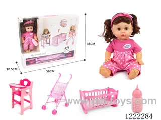 14 inch doll set 3 in 1 set (crib + chair + stroller) with 12 IC +Drinking/ peeing included 3*AG13