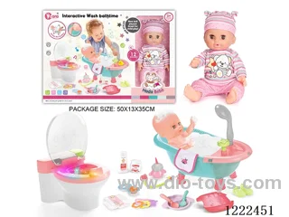 14 inch vinyl doll bath toilet set with 12 IC (W L/M/Drinking/ peeing/ doll included 3*AG13, toilet not included 2*AAA)
