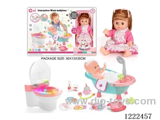 14 inch vinyl doll bath toilet set with 12 IC (W L/M/Drinking/ peeing/ doll included 3*AG13, toilet not included 2*AAA)