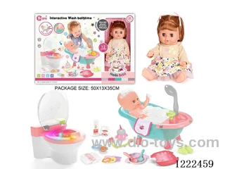 14 inch vinyl doll bath toilet set with 12 IC (W L/M/Drinking/ peeing/ doll included 3*AG13, toilet not included 2*AAA)