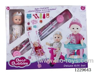 10 inch doll + stroller + walker + tricycle + accessories