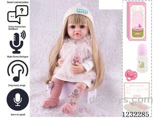 55CM Reborn High Simulation Baby Doll (Wig) Full Body Soft Rubber/Baby Bottle/Magnetic Pacifier/Diaper/Birth Card/Language Dialogue/Repeat