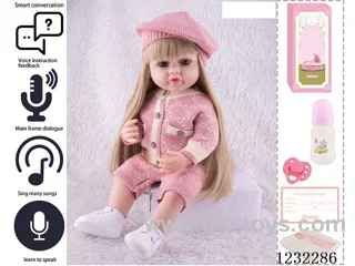 55CM Reborn High Simulation Baby Doll (Wig) Full Body Soft Rubber/Baby Bottle/Magnetic Pacifier/Diaper/Birth Card/Language Dialogue/Repeat
