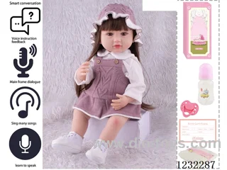 55CM Reborn High Simulation Baby Doll (Wig) Full Body Soft Rubber/Baby Bottle/Magnetic Pacifier/Diaper/Birth Card/Language Dialogue/Repeat