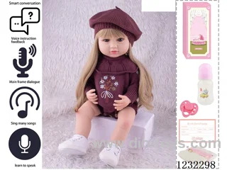 55CM Reborn High Simulation Baby Doll (Wig) Full Body Soft Rubber/Baby Bottle/Magnetic Pacifier/Diaper/Birth Card/Language Dialogue/Repeat