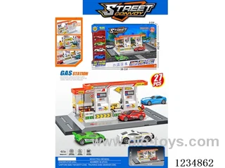 City gas station with 4 alloy cars (parking lot)