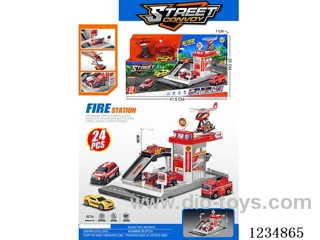 City fire station with 2 alloy cars (parking lot)