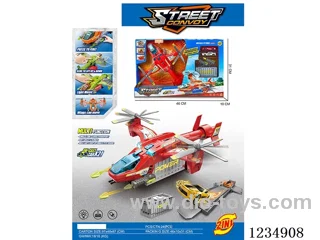 Light and music airplane with ejection storage container, transformable track, and 2 alloy cars