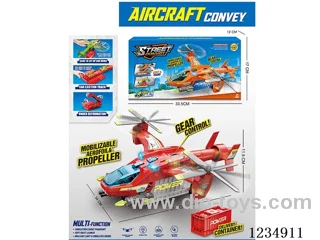Light and music airplane with ejection storage container, transformable track, and 2 alloy cars