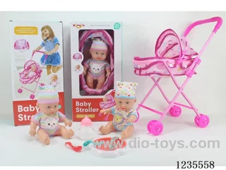 Two mixed 9-inch dolls Doll stroller set (doll + baby bottle + plate + knife + fork + soup spoon) with 4-sound IC (batteries included)