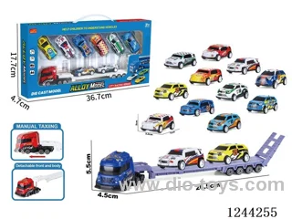 Alloy trailer single-decker sliding container car (with 8PCS alloy pull back car) style random colour red and blue mixed