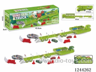 Dinosaur container truck car park scene (with 3PCS metal pull back car + 15 road signs barricades + 1 DIY stickers)