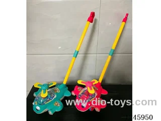 Push-along aeroplane with non-slip wheels/lights (batteries included) - thick handle, two-section pole