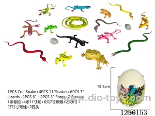 1PCS coiled snake + 4 11-inch snakes + 6PCS 7-inch lizards + 2-inch 6-inch + 2PCS 3-inch frogs + 2 rocks