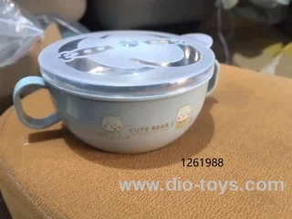 Stainless steel children's bowl with cartoon design, double handles, lid, and spoon in opp bag