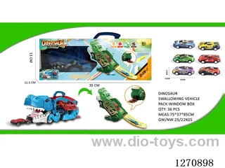 Large Dinosaur Swallowing Car with 6 Metal Cars