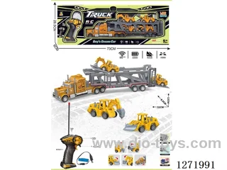 RC Double-Deck Construction Trailer + 4 pull back Construction Vehicles (Battery Included)