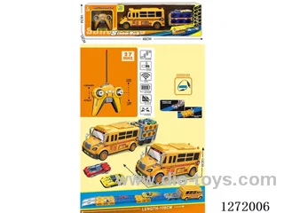 RC School Bus with Dual-Track Launching Folding Ramp + 2 Die-Cast Cars (Battery Included)