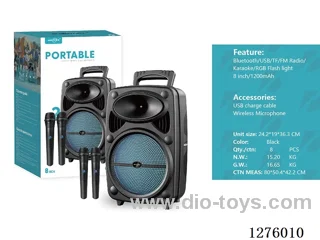 Audio - Single 8-inch speaker, charging cable, dual wireless microphones