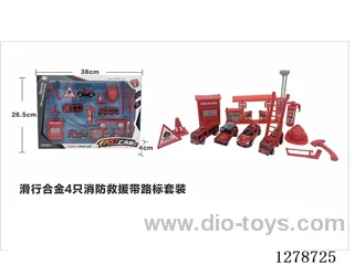 Free Wheel Alloy: 4 Fire Rescue Vehicles with Road Signs