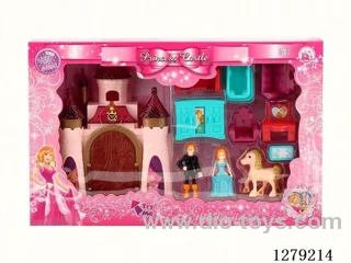 (GCC) Single-Sided Rainbow Light Castle with 12 Songs (2 Mixed, Includes 3 AG13 Batteries) + Furniture/Princess/Prince/Horse