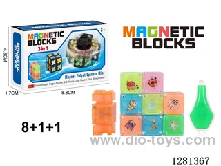 Solid-Color Glow-in-the-Dark Magnetic Spinner (4 Styles, 4 Colors) (Yellow + Green + Blue + Pink) 8 Magnetic Blocks + 1 Spinner + 1 Light