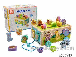 Wooden Educational Car with Animal and Fruit Building Blocks