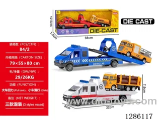 Alloy trailer + engineering vehicle - pull-back large car, free wheel small car - 3 mixed