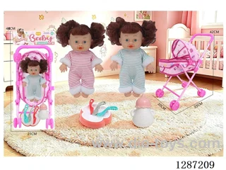 2 mixed 10-inch Dolls with 4-Voice IC + Tent Stroller + Bottle + Set of Knife, Fork, Spoon, and Plate