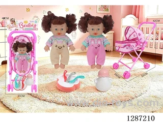 2 mixed 10-inch Dolls with 4-Voice IC + Tent Stroller + Bottle + Set of Knife, Fork, Spoon, and Plate