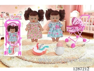 2 mixed 10-inch Dolls with 4-Voice IC + Tent Stroller + Bottle + Set of Knife, Fork, Spoon, and Plate
