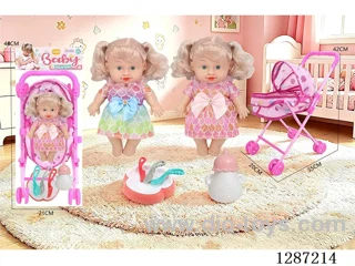 2 mixed 10-inch Dolls with 4-Voice IC + Tent Stroller + Bottle + Set of Knife, Fork, Spoon, and Plate