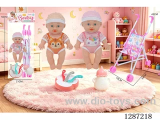 2 mixed 10-inch dolls with 4-voice IC + stroller + bottle + knife, fork, spoon, and plate