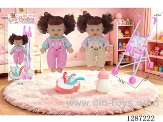 2 mixed 10-inch dolls with 4-voice IC + stroller + bottle + knife, fork, spoon, and plate