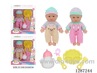 2 mixed 10-Inch Doll Set (Bottle + Pacifier + 3-PCS Tableware Set)