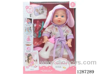 13-inch Bathrobe Doll Set: Drinks and Pee (Doll + Diaper + Bottle + 4-PCS Meal Set + Potty) with 12 Sound IC  (included battery)