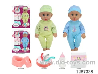 2 mixed 14-inch Moving-Eye Doll Drinking & Peeing (Doll + Diaper + Bottle + 4-PCS Meal Set + Potty) with 12 IC Sounds (included battery)
