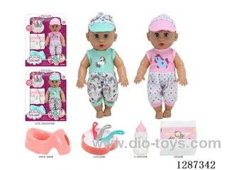 2 mixed 14-inch Moving-Eye Doll Drinking & Peeing (Doll + Diaper + Bottle + 4-PCS Meal Set + Potty) with 12 IC Sounds (included battery)